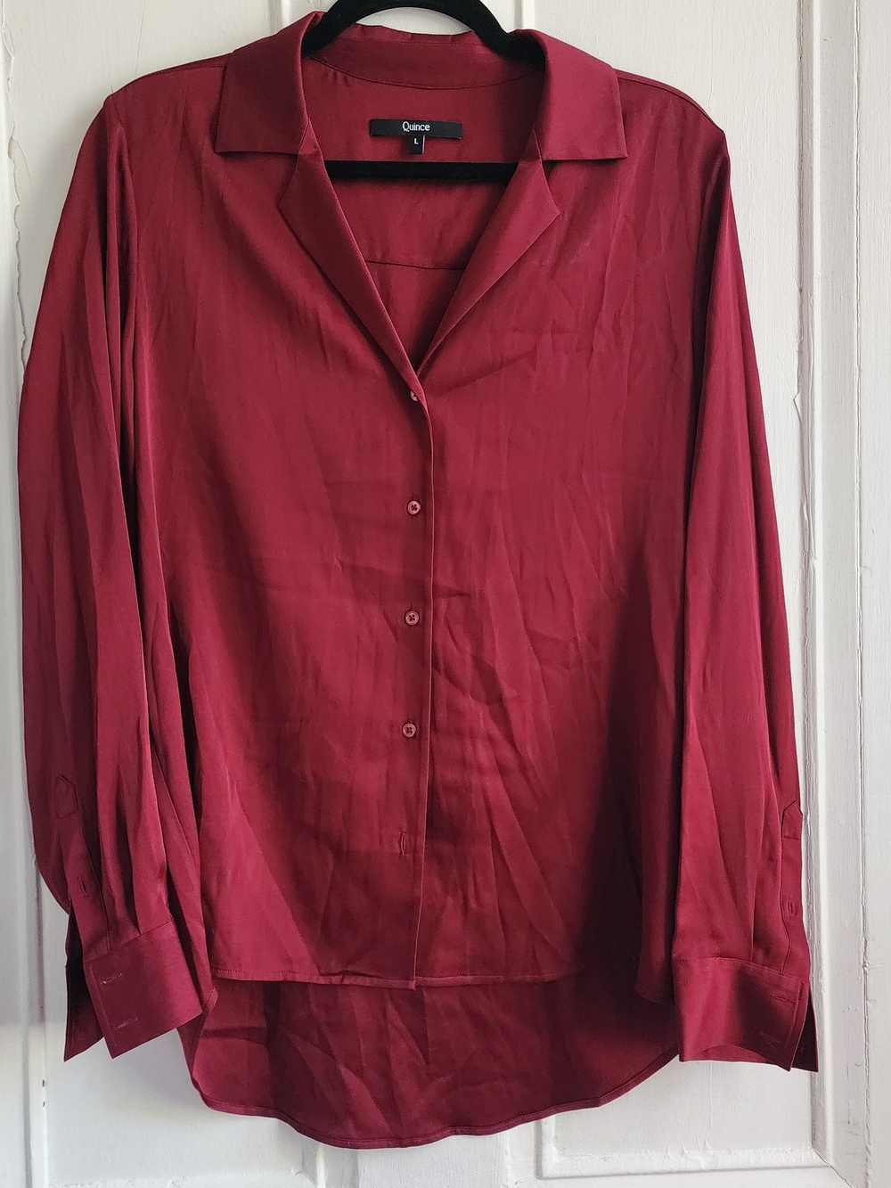 Quince 90% Silk Stretch Blouse Burgundy Red Button Front Notch Collar L